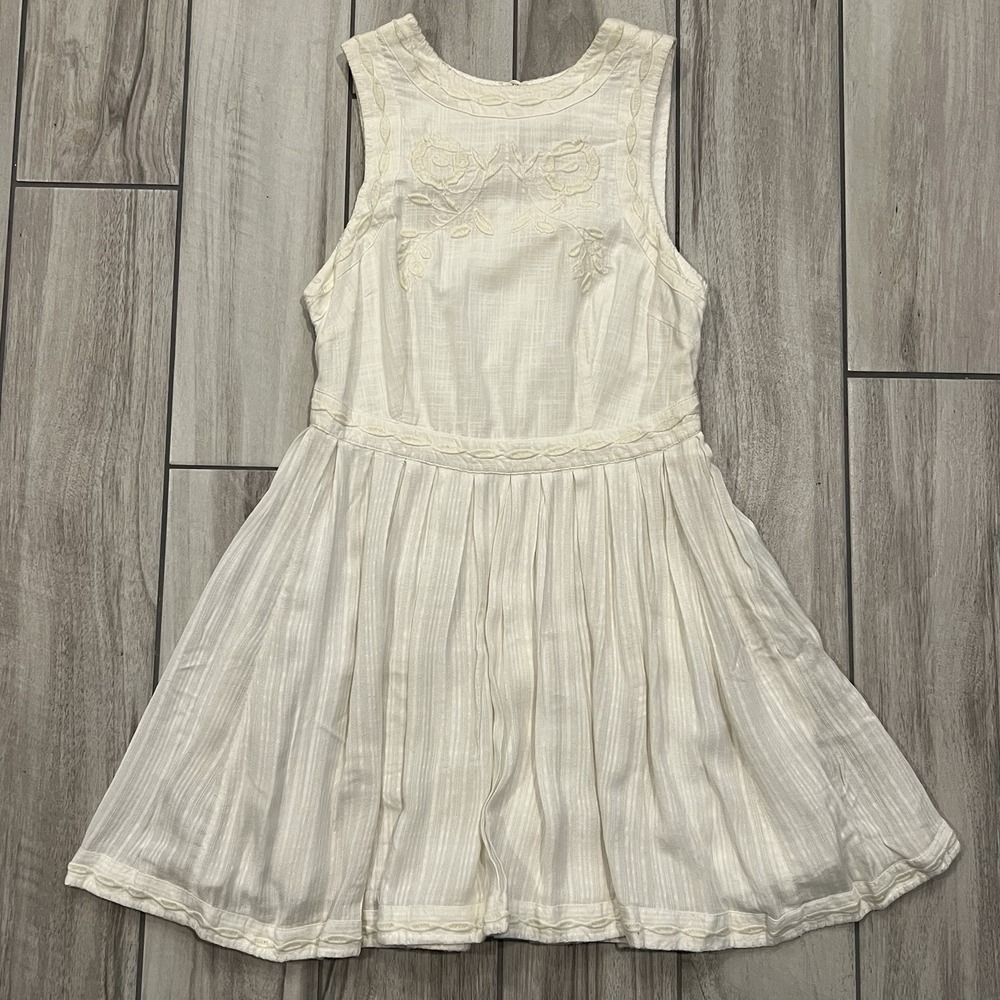 Free People Mini Dress Women 6 White Excellent Embroidered Boho Bird Sleeveless